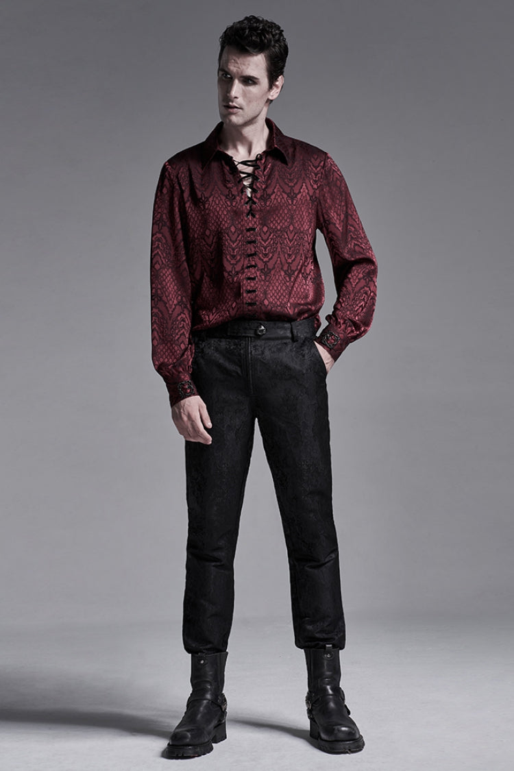 Jacquard Long Sleeve Front Metal Eyelets Lace Up Metal Carving Buckle Cuff Men's Gothic Shirt 3 Colors - Product - 12