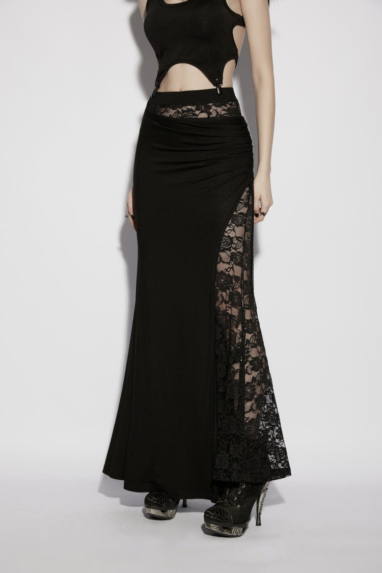 Black Cut-Out Rose Lace Splice Side Slit Asymmetric Women's Gothic Skirt - Product - 8