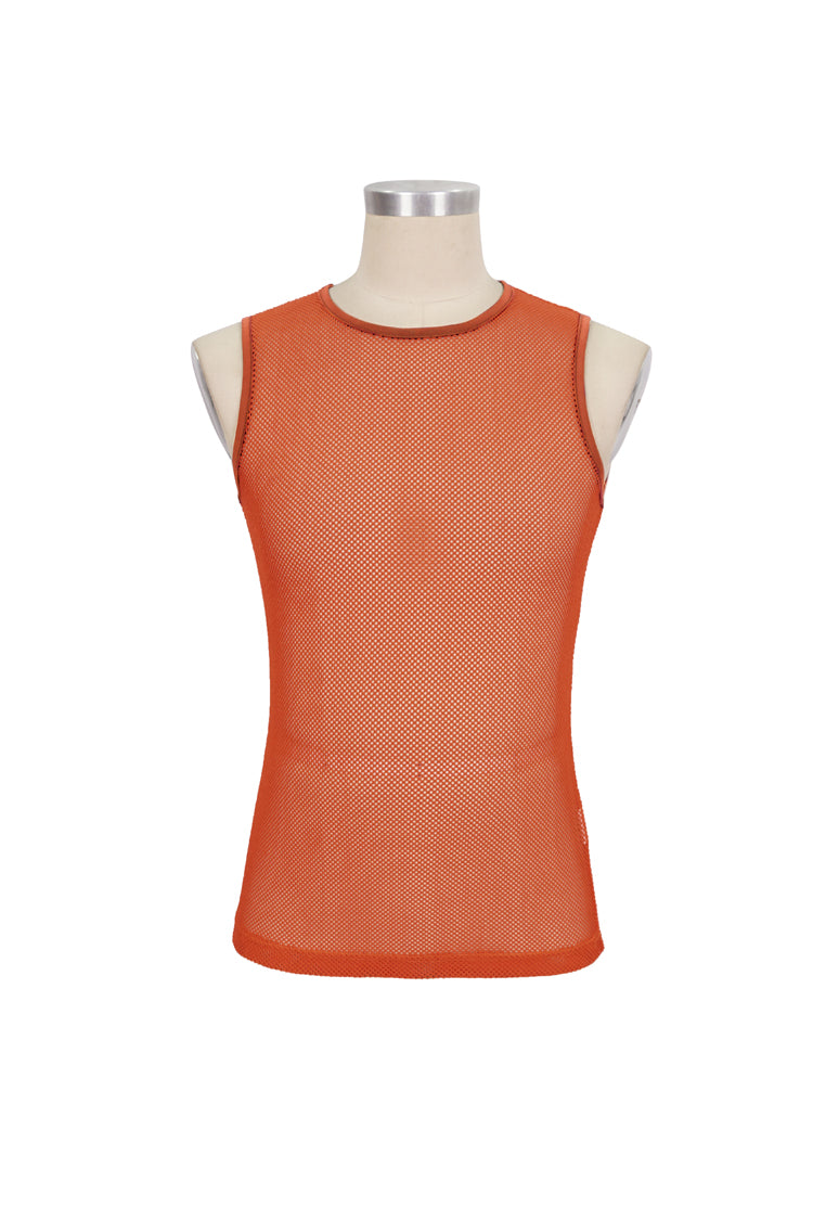 Orange Elasticity Perspective Rhombus Net Yarn Sleeveless Men's Gothic T-Shirt - Product - 6