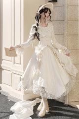 Ivory [White Tea] Long Sleeves Ruffle Bowknot Lace Irregular Classic Princess Lolita Dress - Product - 5
