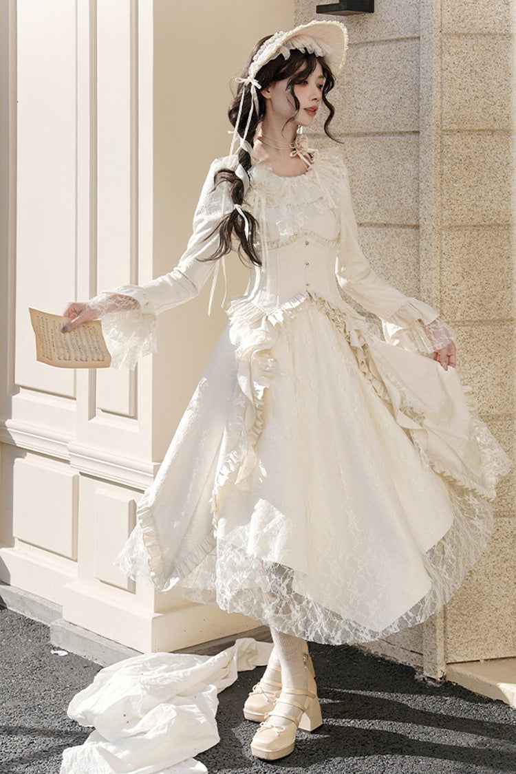 Ivory [White Tea] Long Sleeves Ruffle Bowknot Lace Irregular Classic Princess Lolita Dress - Product - 5