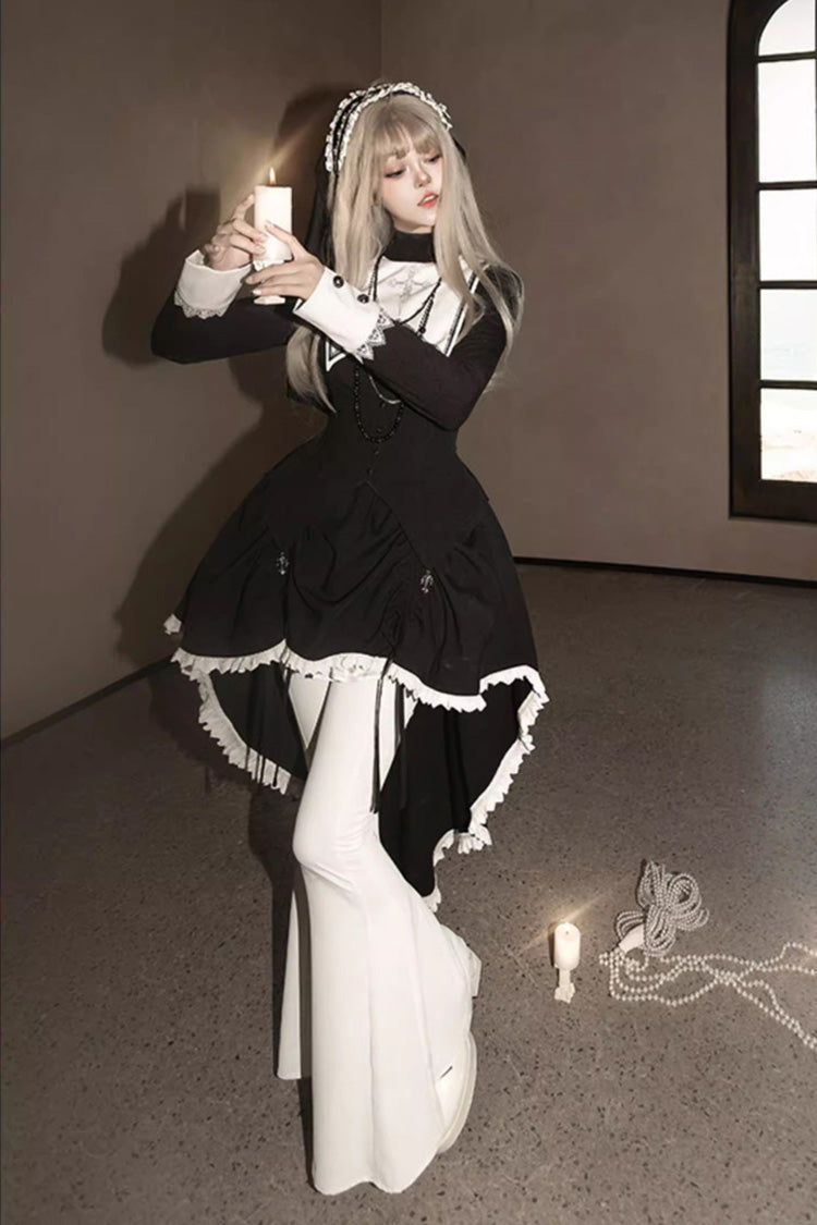 Black/White [Peace Prayer] Long Sleeves Ruffle Bowknot Asymmetric Gothic Lolita Skirt Set - Product - 2