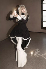 Black/White [Peace Prayer] Long Sleeves Ruffle Bowknot Asymmetric Gothic Lolita Skirt Set - Product - 2
