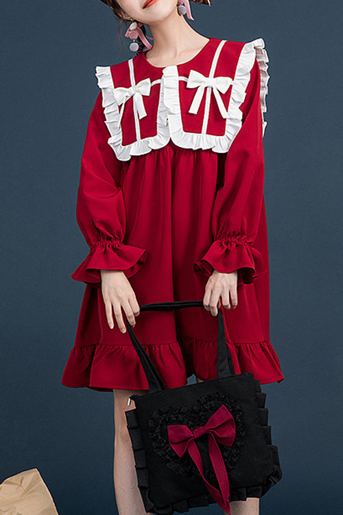 Red Doll Collar Ruffled Long Sleeves Relaxed Waist Sweet Lolita OP Dress - Red - 1