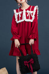 Red Doll Collar Ruffled Long Sleeves Relaxed Waist Sweet Lolita OP Dress - Red - 1
