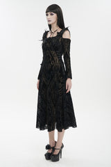 Black Off Shoulder Ruffled Flocked Print Long Women's Gothic Dress - Product - 4