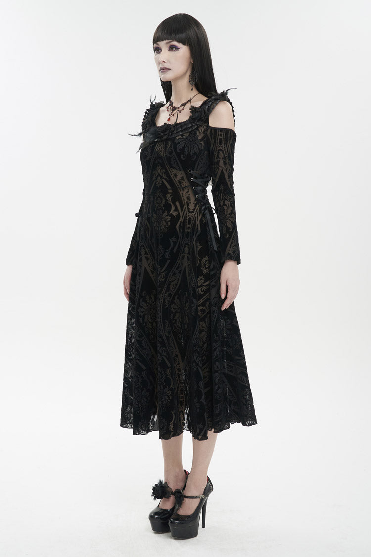 Black Off Shoulder Ruffled Flocked Print Long Women's Gothic Dress - Product - 4