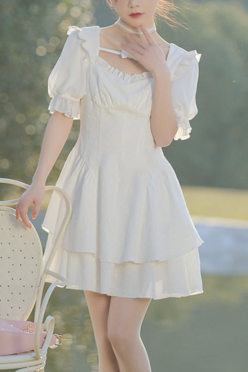 White Ruffled Square Collar Bubble Short Sleeves Double Layer Embossed Fabric Sweet Lolita Dress - White - 1