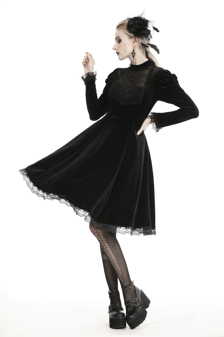 Black Lace Long Puff Sleeves Women's Gothic Velet Dress - Product - 6