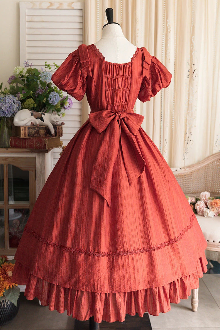 Red [Forest Gallery] Square Collar Short Sleeves Ruffled Bow Classic Vintage Elegant Lolita Dress - Product - 3