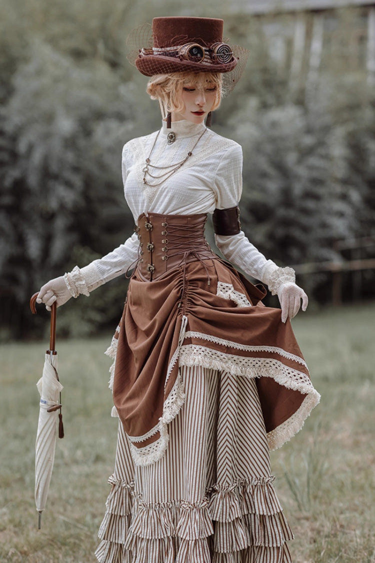 Brown Lace-Up Classic Vintage Leather Waist Lolita Belt with Metal Horn Buckle - Product - 9