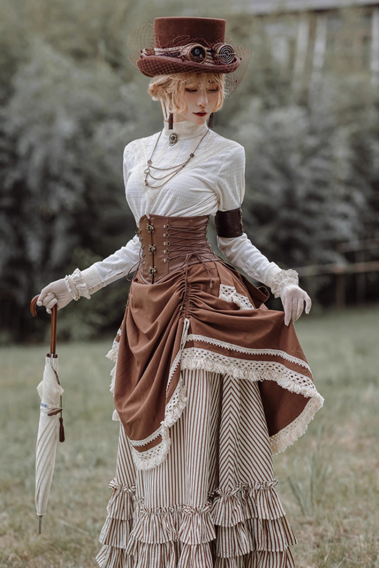 Brown Lace-Up Classic Vintage Leather Waist Lolita Belt with Metal Horn Buckle - Product - 9