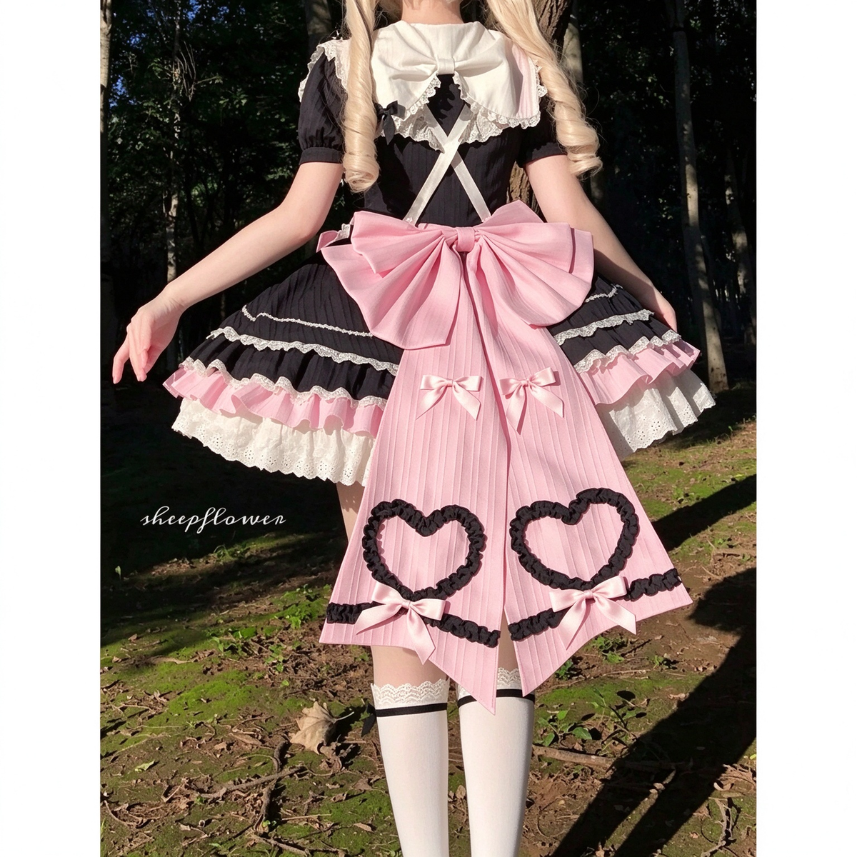 Black and Pink Striped Ruffled Maid Lolita Dress with Apron Accent - view 5