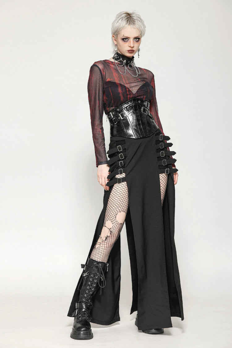 Black/Red Round Collar Long Sleeves Sheer Mesh Tie-dyed Women's Gothic Versatile Basic Top - Product - 9