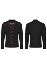 Black/Red Long Sleeves Stitching Lace-Up Ripped Men's Punk Blouse - Product - 5