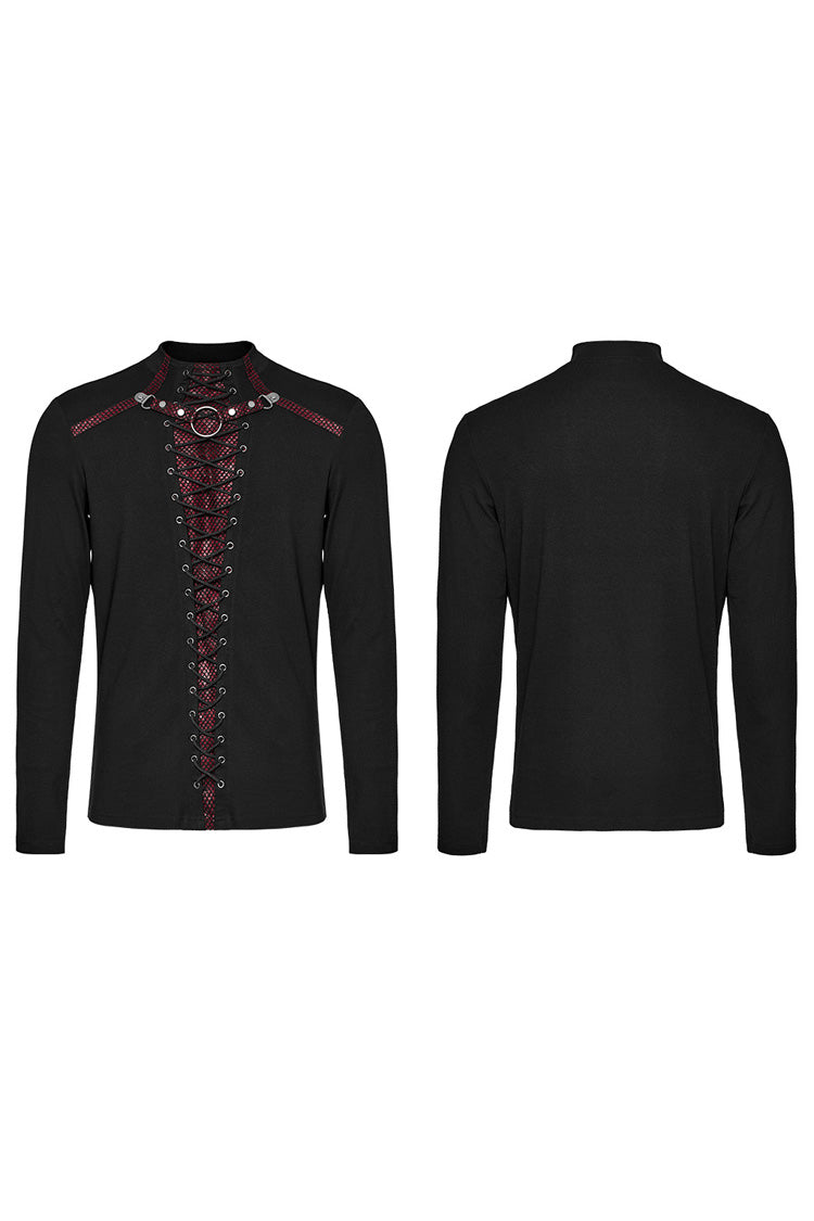 Black/Red Long Sleeves Stitching Lace-Up Ripped Men's Punk Blouse - Product - 5