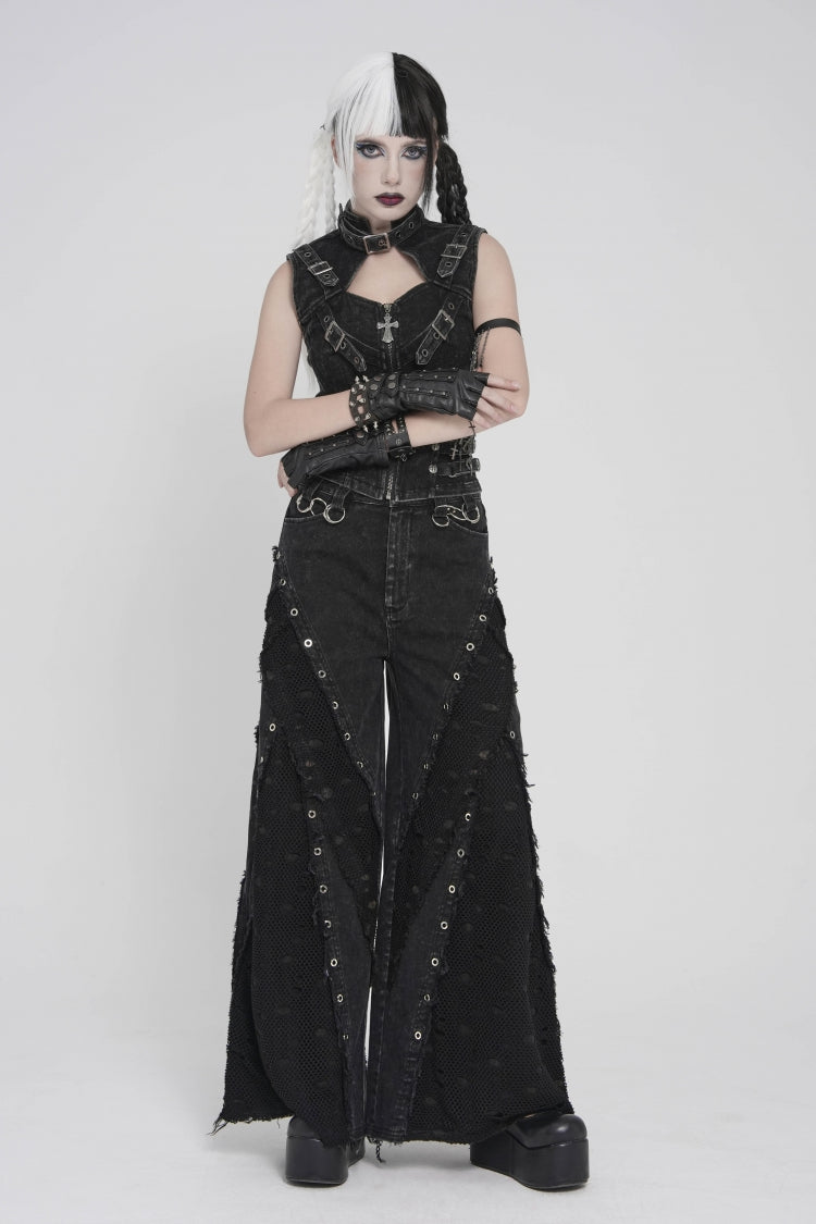 Black Cut-Out Spliced Mesh Eyelet Women's Punk Layered Ripped Pants - Product - 3