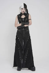 Black Cut-Out Spliced Mesh Eyelet Women's Punk Layered Ripped Pants - Product - 3