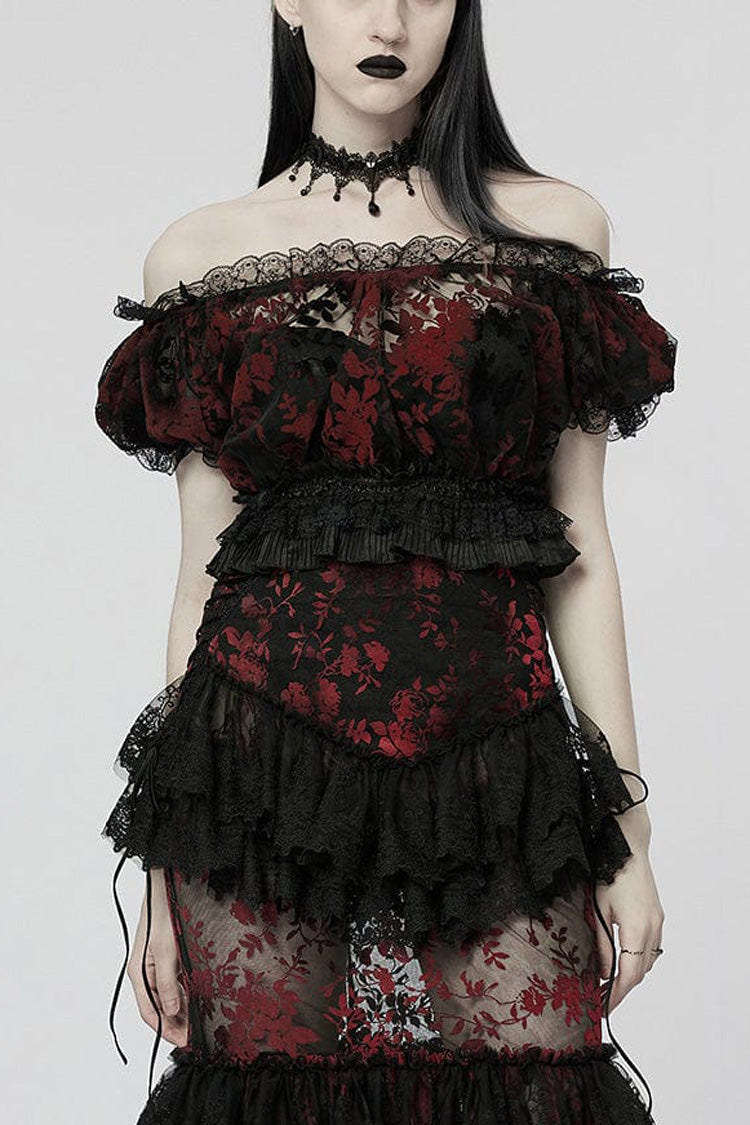 オフショルダー フリル 切り替え レース Sheer レディース ゴシック T-シャツ 2色 商品画像
