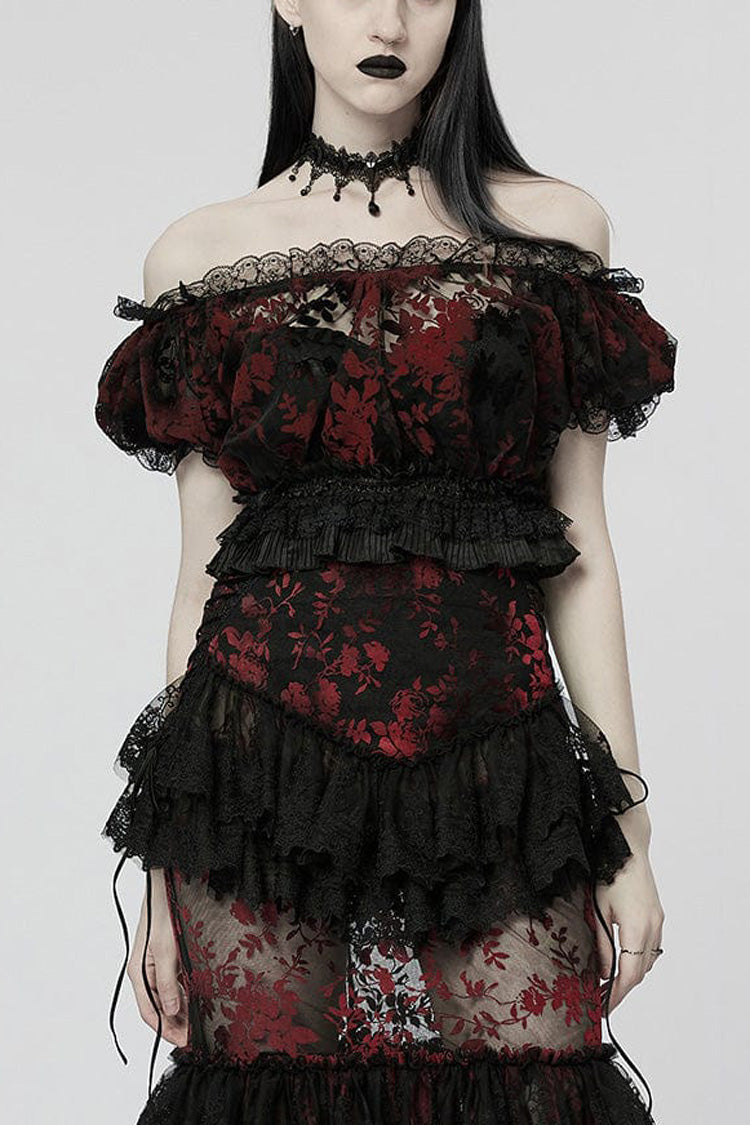 Off Shoulder Ruffle Stitching Lace Sheer Womens Gothic T-Shirt 2 Colors - Black/Red - 5