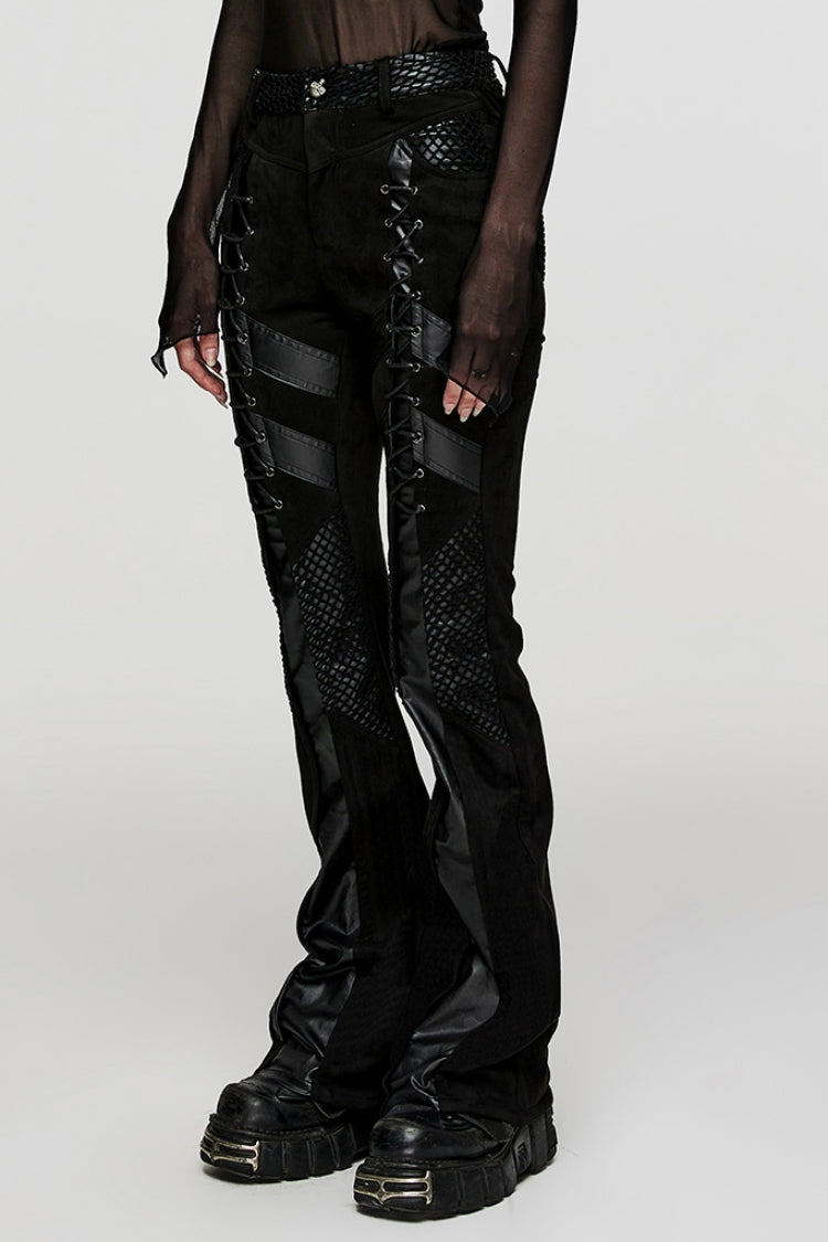 Black Metal Eyelets Faux Leather Stitching Mesh Women's Steampunk Pants - Product - 2