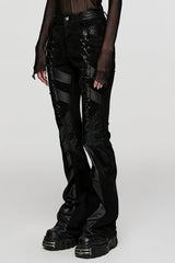 Black Metal Eyelets Faux Leather Stitching Mesh Women's Steampunk Pants - Product - 2