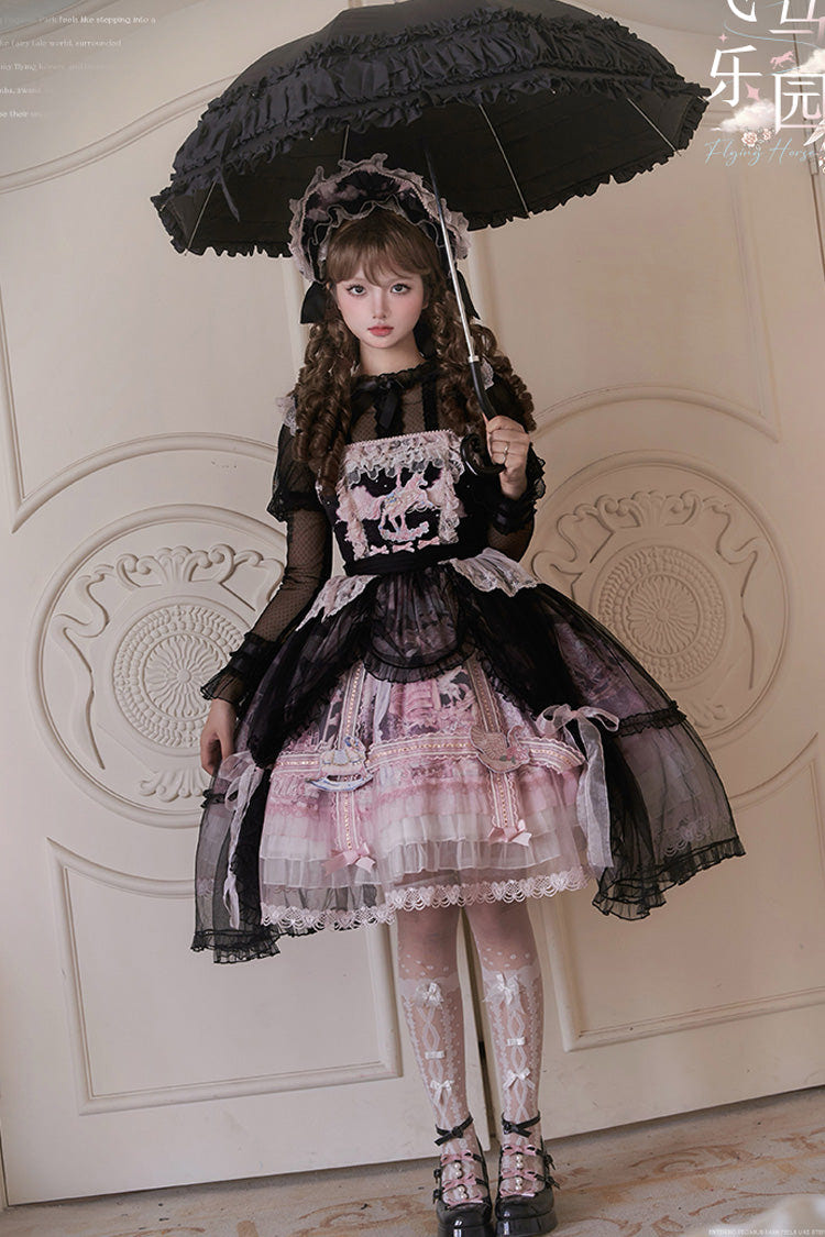 Black/Pink [Pegasus Park] Multi-Layered Print Ruffle Bowknot Lace Sweet Gorgeous Lolita Jsk Dress - Product - 3