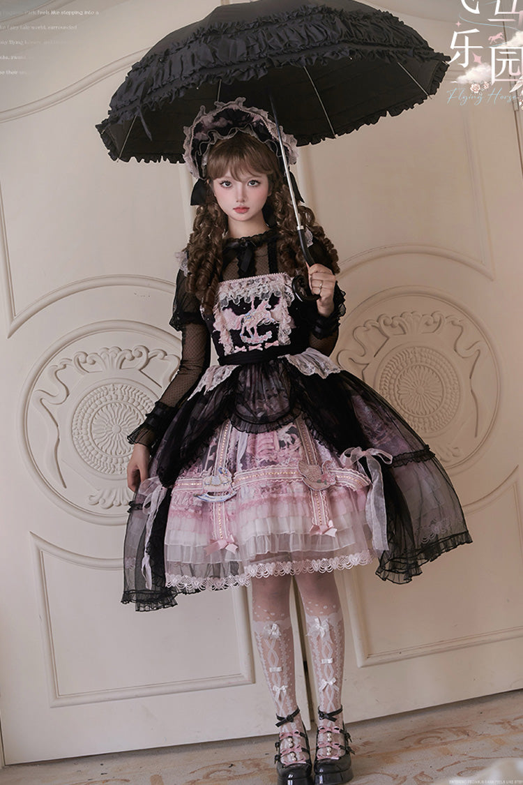 Black/Pink [Pegasus Park] Multi-Layered Print Ruffle Bowknot Lace Sweet Gorgeous Lolita Jsk Dress - Product - 3
