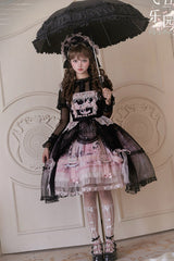 Black/Pink [Pegasus Park] Multi-Layered Print Ruffle Bowknot Lace Sweet Gorgeous Lolita Jsk Dress - Product - 3