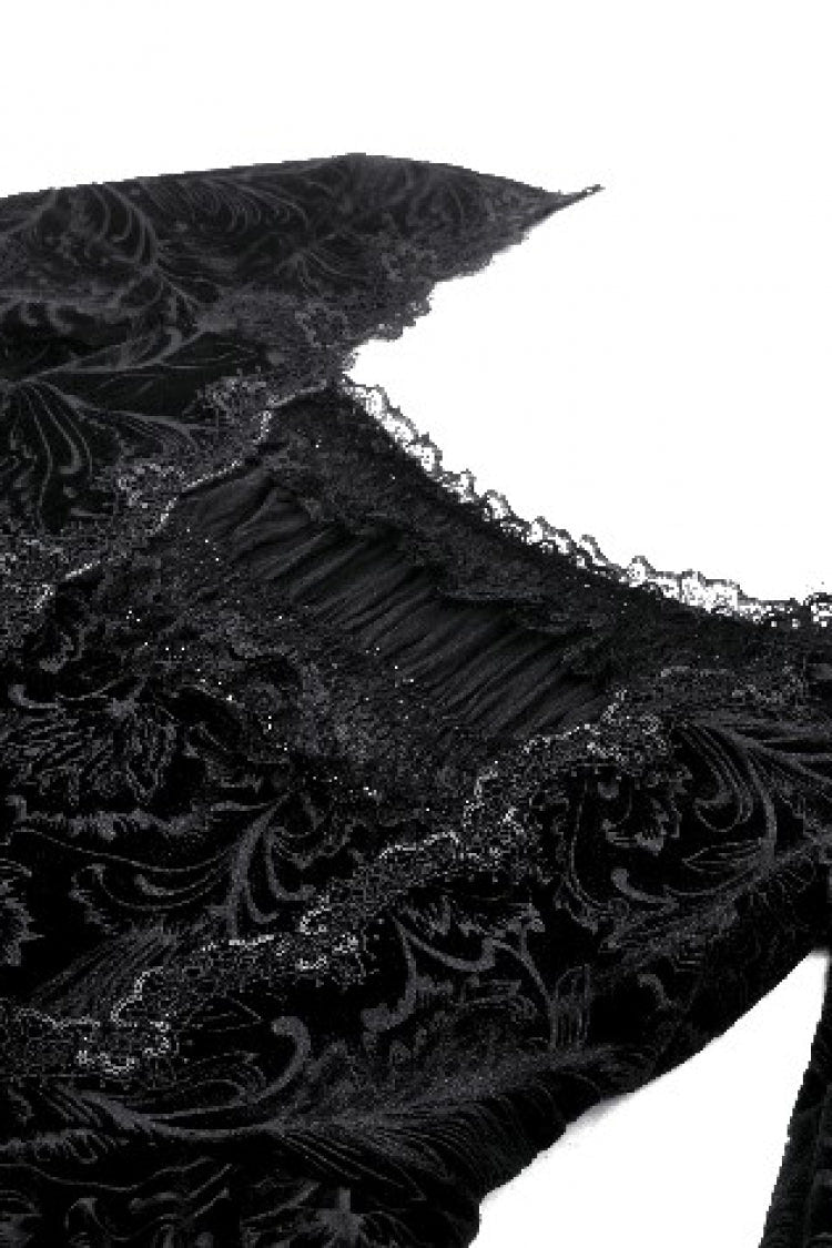 Black Square Collar Long Flared Sleeves Multi-Layered Lace Trim Lace-Up Women's Gothic Velvet Dress - Product - 12