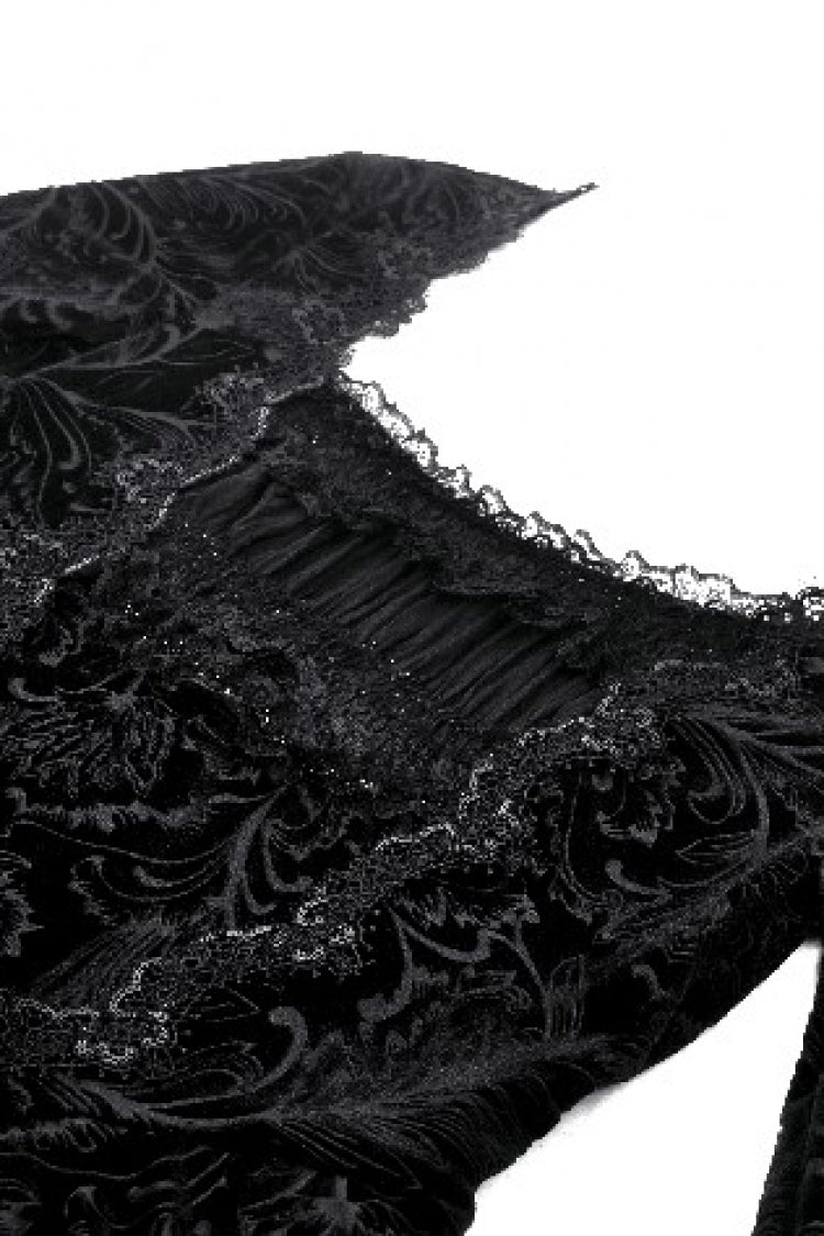 Black Square Collar Long Flared Sleeves Multi-Layered Lace Trim Lace-Up Women's Gothic Velvet Dress - Product - 12