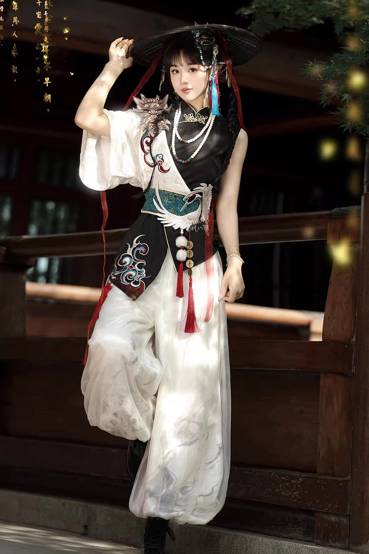 Black/White Stand Collar Single Long Sleeve Printed Embroidered Asymmetric Chinese Style Ouji Set - Product - 3
