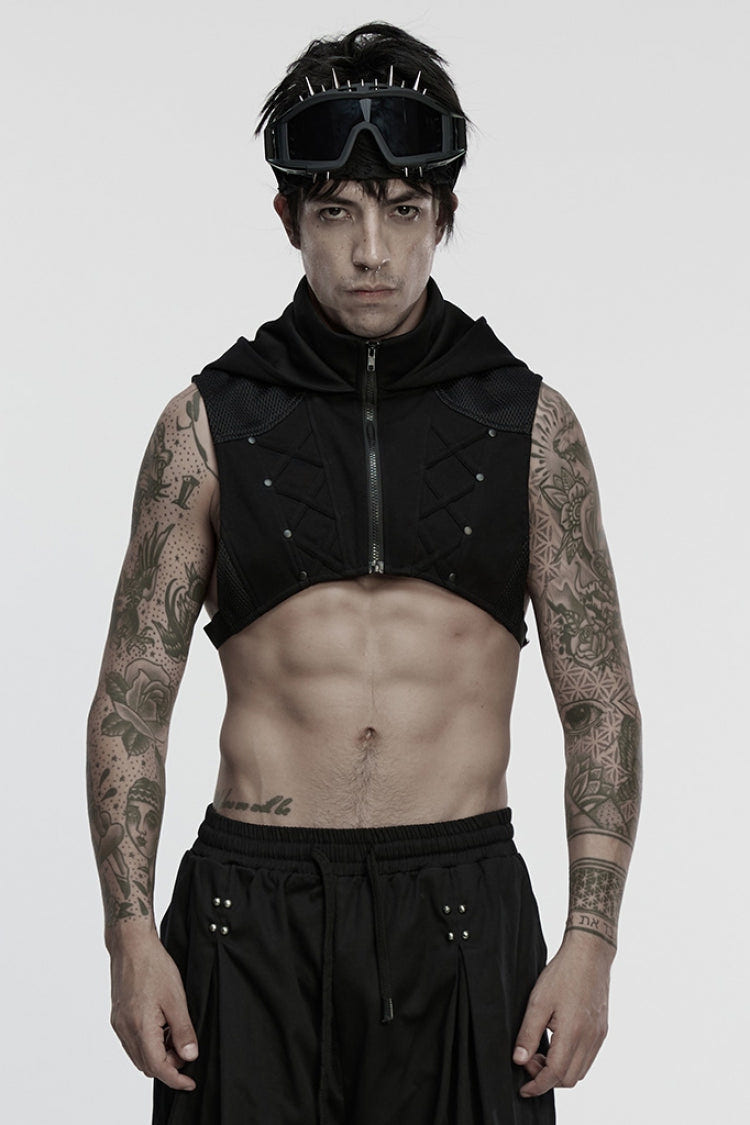 Black Stand Collar Sleeveless Hooded Zipper Men's Punk Vest - Black - 1
