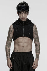 Black Stand Collar Sleeveless Hooded Zipper Men's Punk Vest - Black - 1