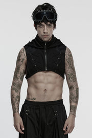 Black Stand Collar Sleeveless Hooded Zipper Men's Punk Vest - Black - 1