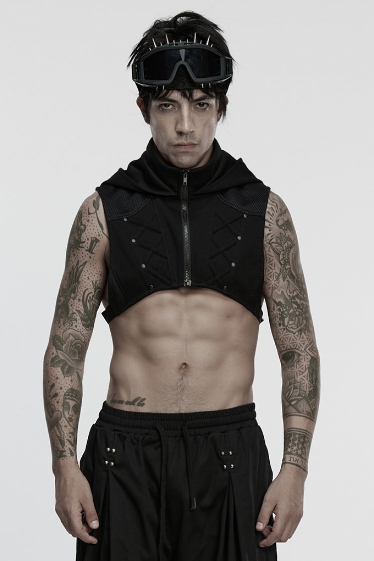 Black Stand Collar Sleeveless Hooded Zipper Men's Punk Vest - Black - 1