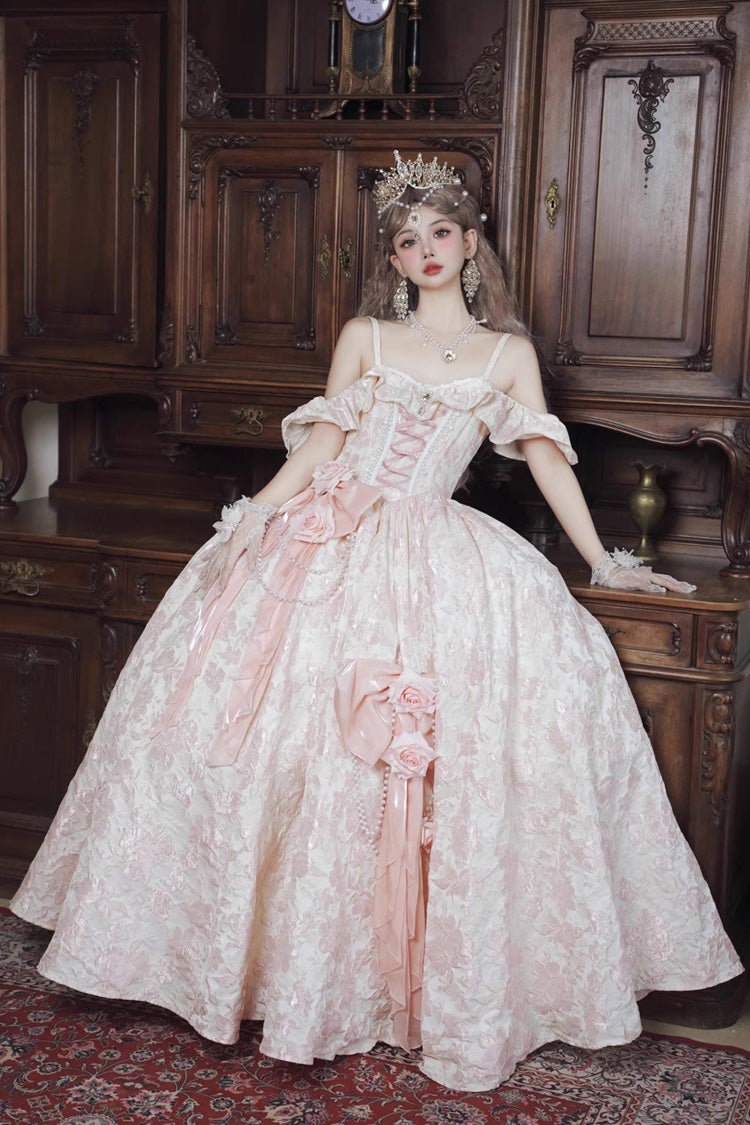 Off Shoulder Print Hanayome Embroidery Bowknot Sweet Princess Lolita Dress 2 Colors - Pink - 2