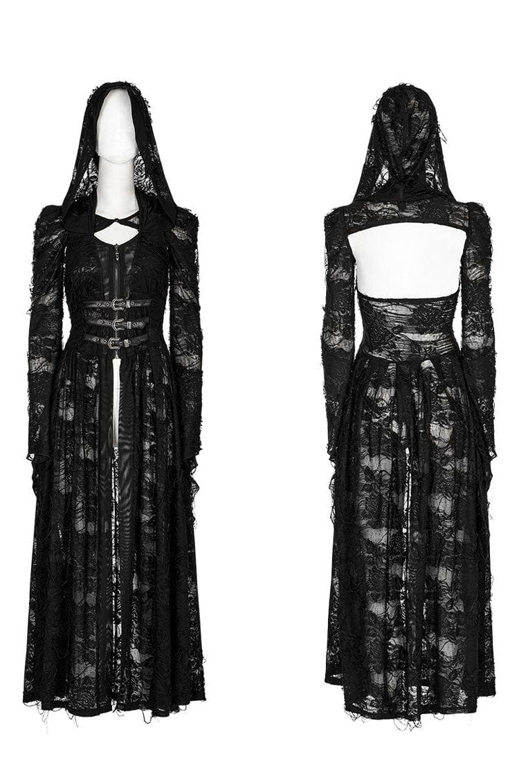 Black Two-piece Knit Ripped Hooded Womens Gothic Coat - Product - 5