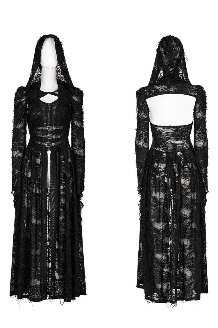 Black Two-piece Knit Ripped Hooded Womens Gothic Coat - Product - 5