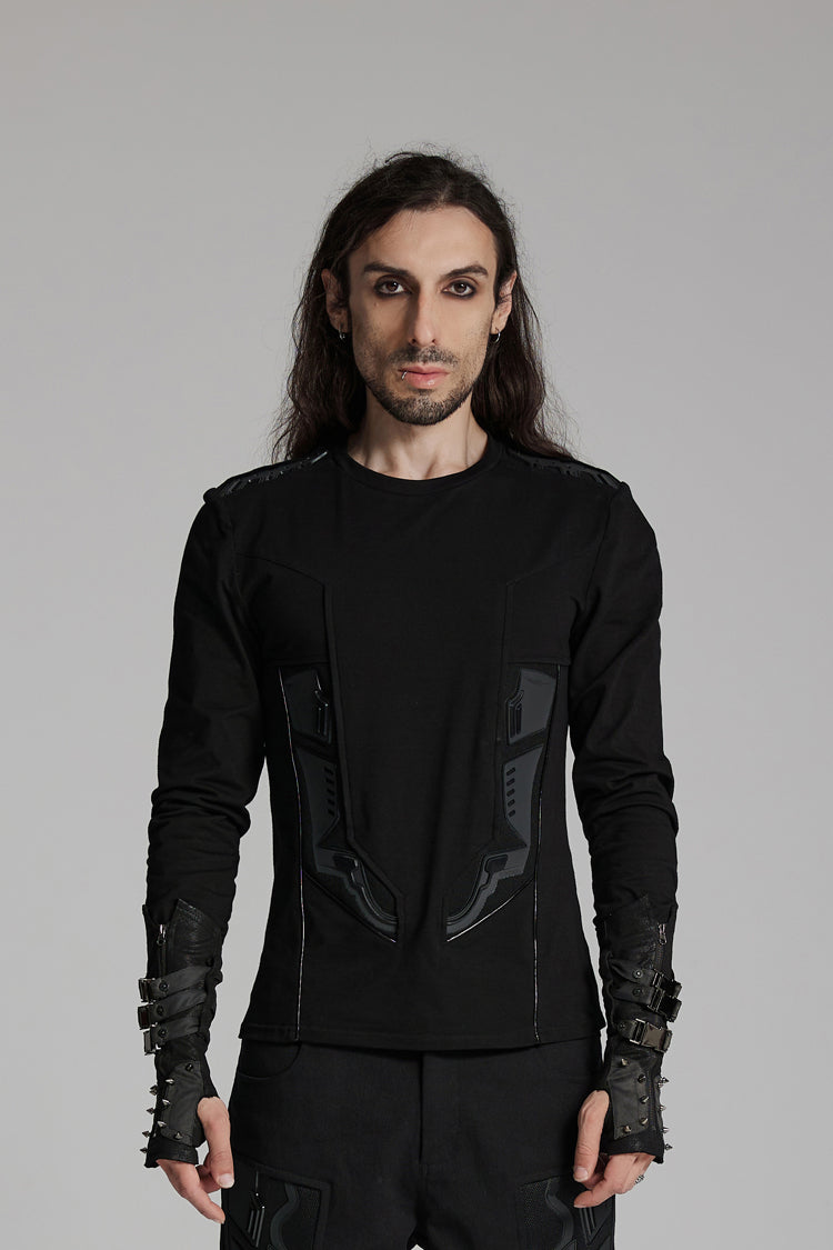 Black Round Collar Long Sleeves 3D Amor Patch Print Men's Punk T-Shirt - Black - 1