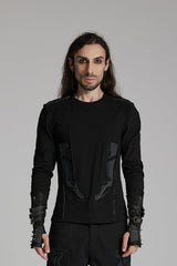 Black Round Collar Long Sleeves 3D Amor Patch Print Men's Punk T-Shirt - Black - 1