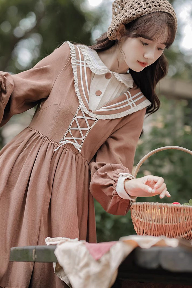 Brown Long Sleeves Multi-layer Ruffle Two Fake Pieces Sweet (Dress Only) detail view 6