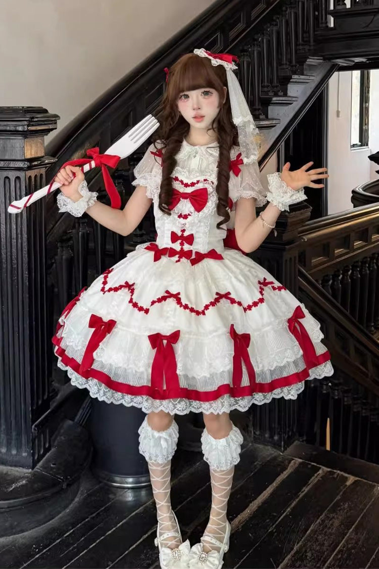 Red/White [Scarlet Heart Cocoa] Sleeveless Triple-Layered Ruffle Embroidery Bowknot Lace Sweet Lolita Jsk Dress - Red/White - 1