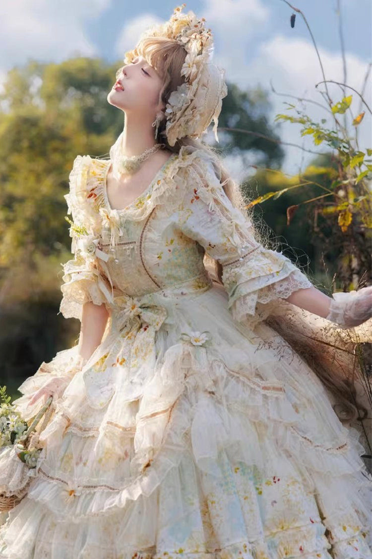 Green [Little Daisy] Lapel Collar Half Sleeves Multi-Layered Printed Bow Lace Princess Gorgeous Plus Size Sweet Lolita Dress - Product - 3