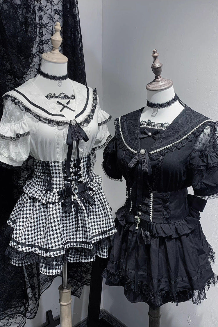 Sailor Collar Ruffle Bowknot Lace Jirai Kei Japanese Blouse 2 Colors - Black - 1
