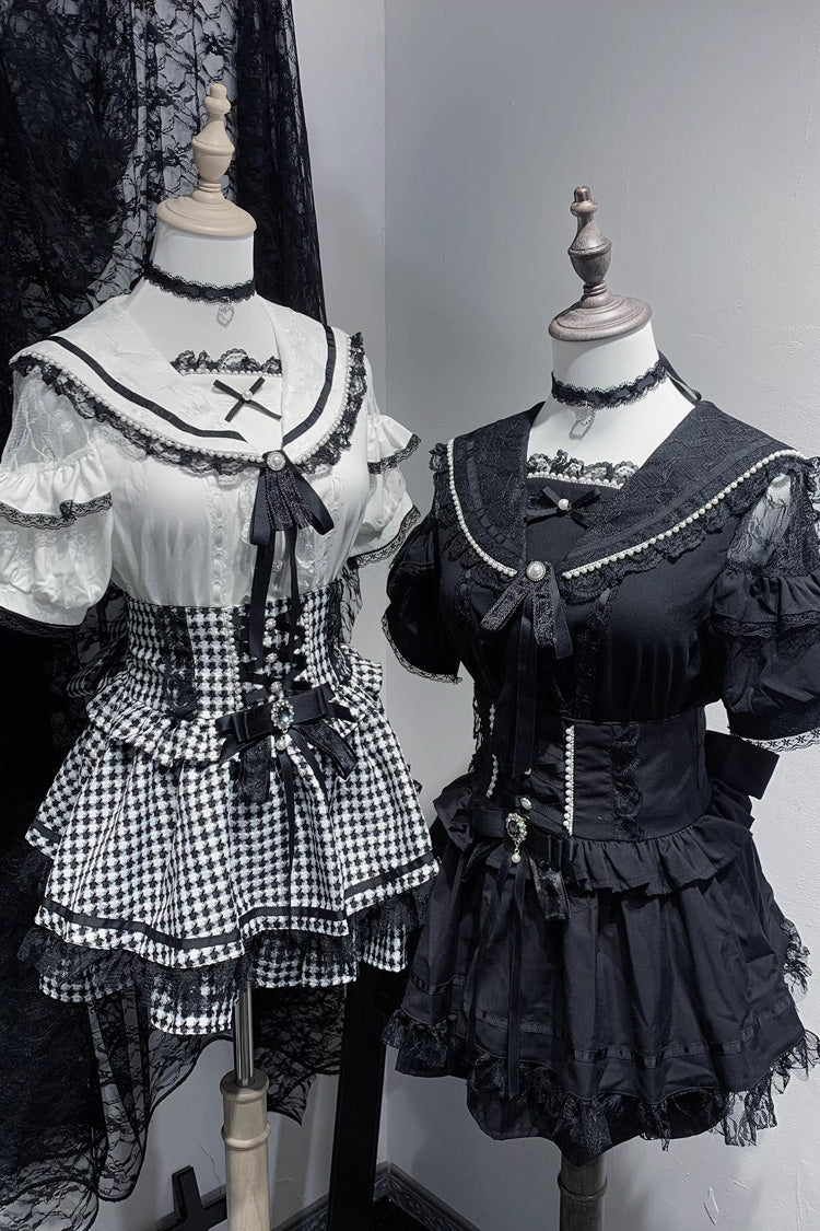 Sailor Collar Ruffle Bowknot Lace Jirai Kei Japanese Blouse 2 Colors - Black - 1
