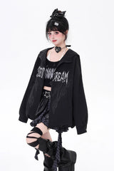 Black Long Sleeves Print Zipper Gothic Loose Jirai Kei Coat - Product - 3