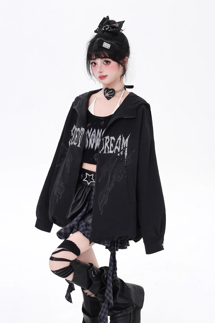 Black Long Sleeves Print Zipper Gothic Loose Jirai Kei Coat - Product - 3
