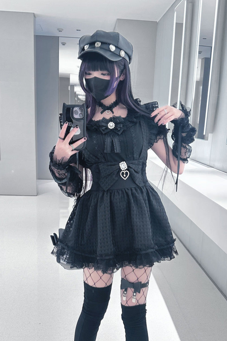 Black Ruffle Hollow Bowknot Lace Jirai Kei Japanese Skirt - Product - 5