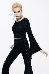 Black Sexy Pattern Comfortable Horn Sleeves Velvet Womens Gothic T-Shirt - Product - 3